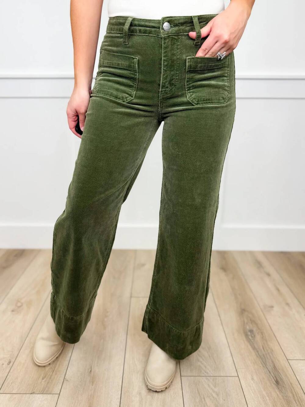 NEW RISEN cassandra high-rise wide leg cropped corduroy pants in moss green